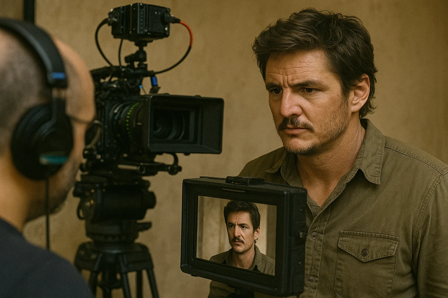 Pedro Pascal filming an emotional close-up scene, looking into the camera monitor during a production shoot.