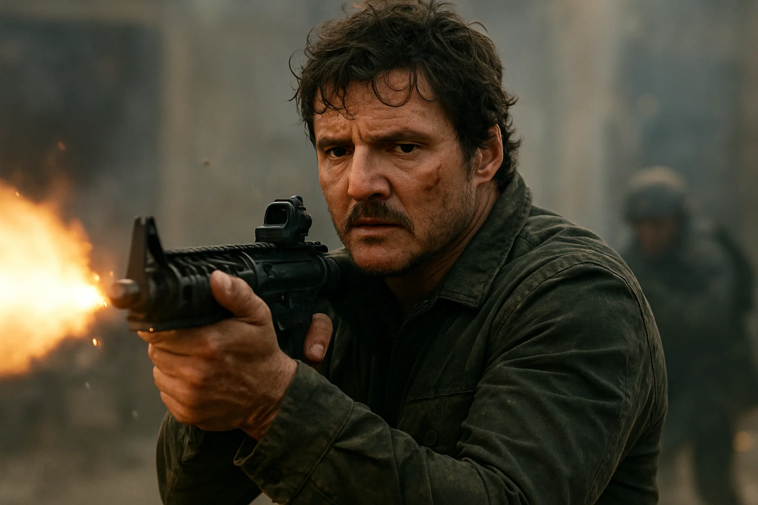 A determined man aiming and firing a rifle during an intense action scene.