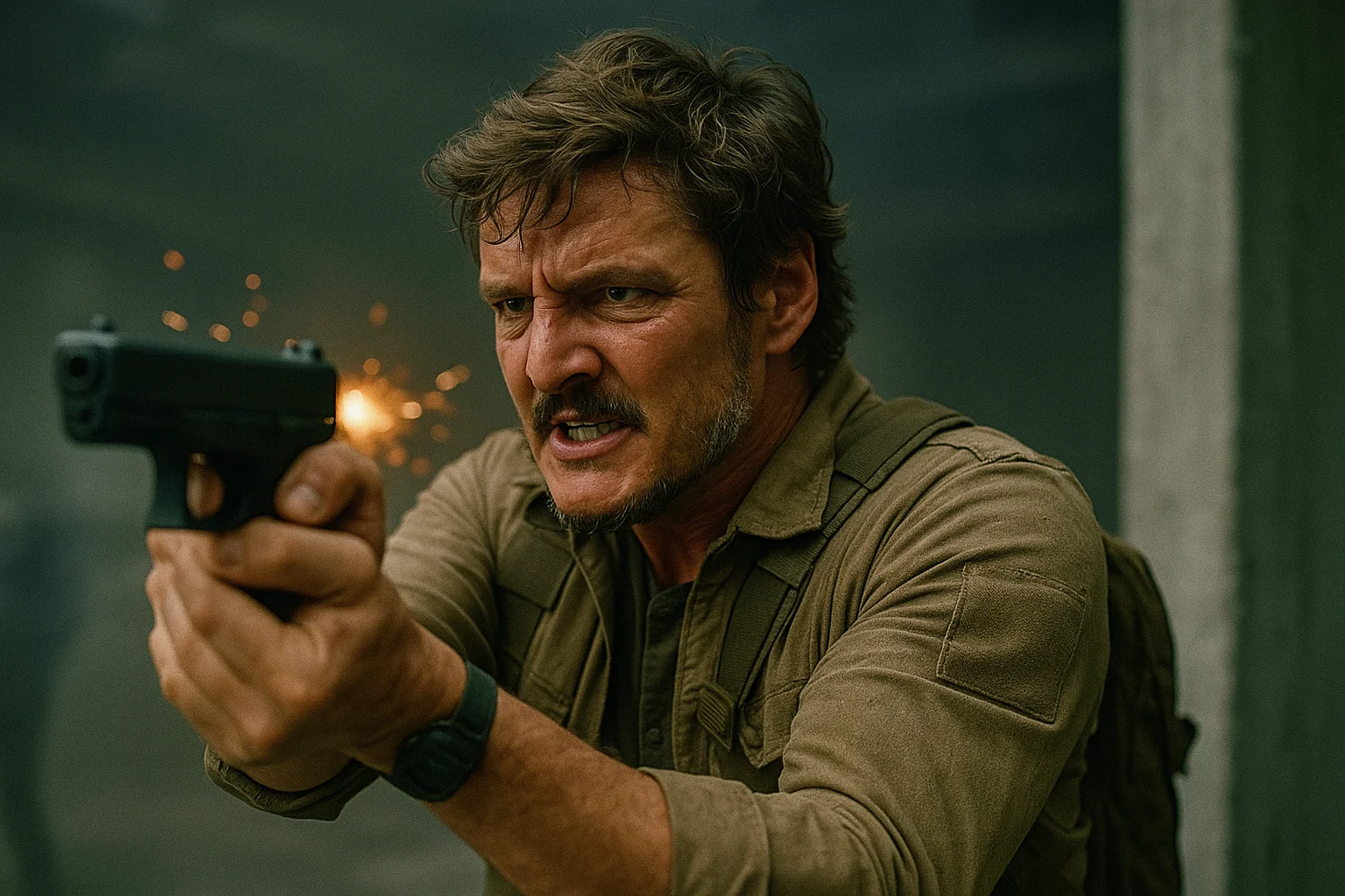Pedro Pascal in an action scene firing a gun with determination and focus