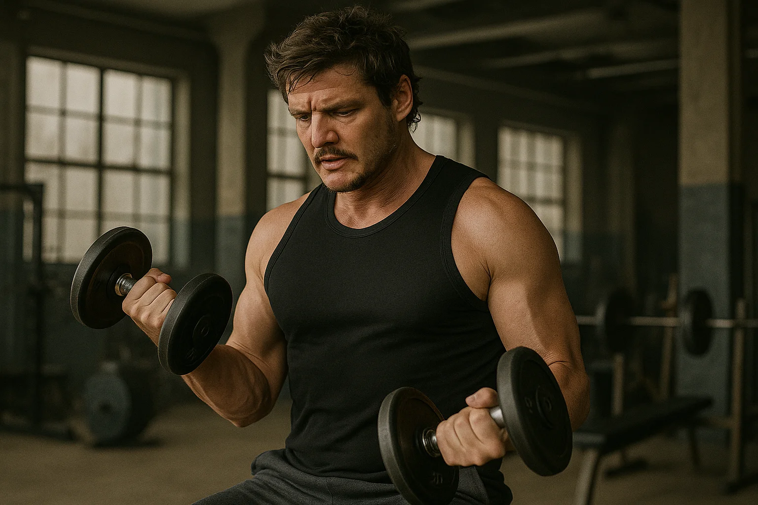 Pedro Pascal working out with dumbbells during training for his action movie roles